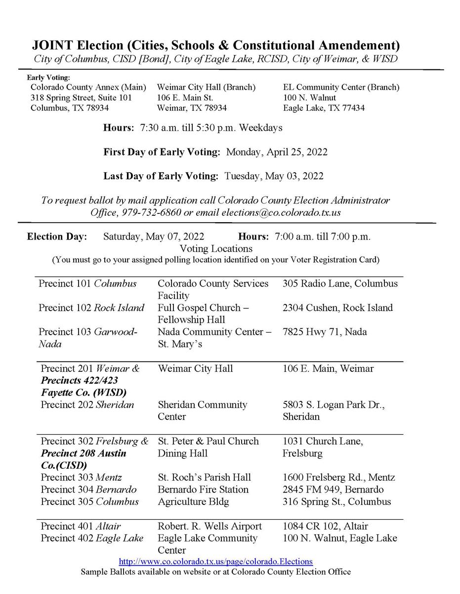 Notice of Election for May 07, 2022 Cities, Schools, and Constitutional Amendment